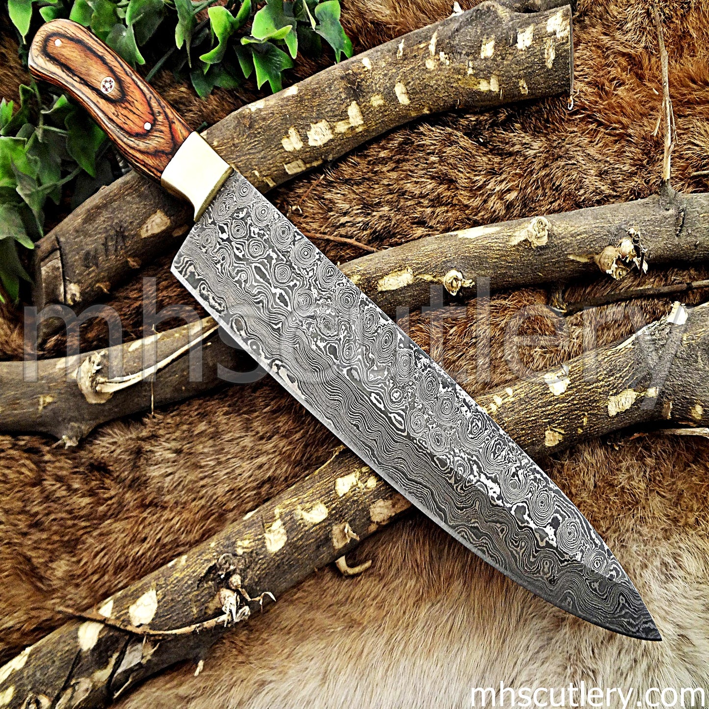Handmade Raindrop Damascus Steel Kitchen Knife / Pakka Wood Handle | mhscutlery