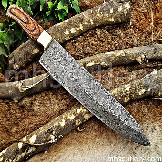 Handmade Raindrop Damascus Steel Kitchen Knife / Pakka Wood Handle | mhscutlery