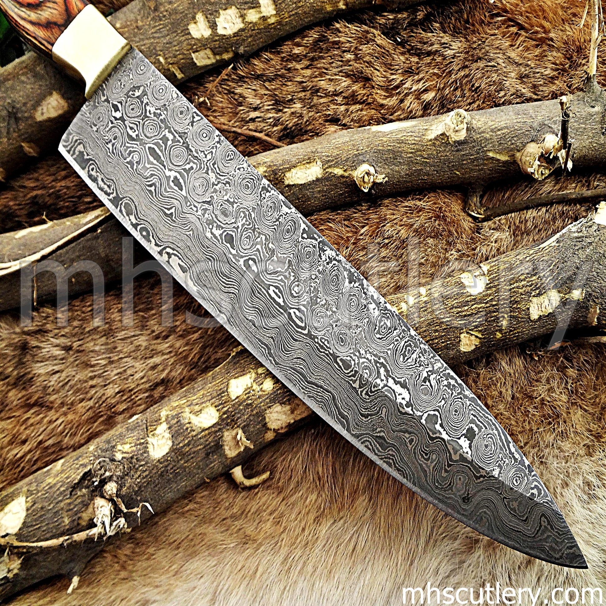 Handmade Raindrop Damascus Steel Kitchen Knife / Pakka Wood Handle | mhscutlery