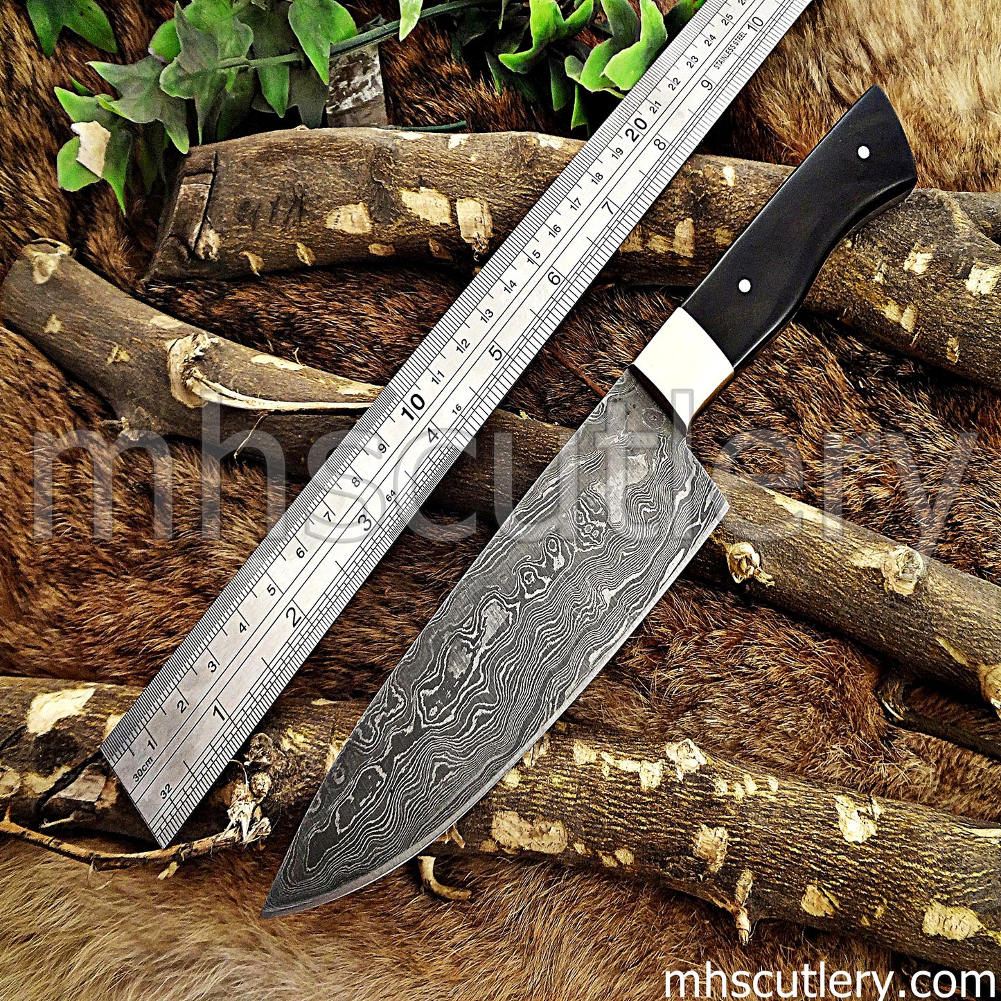 Damascus Steel Kitchen Knife / Bull Horn Handle | mhscutlery