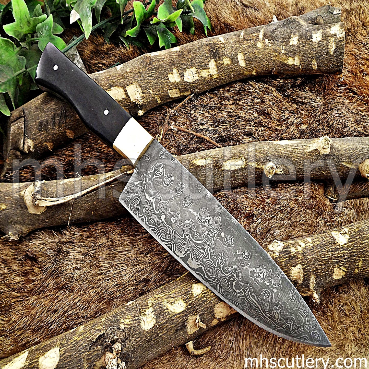 Damascus Steel Kitchen Knife / Bull Horn Handle | mhscutlery