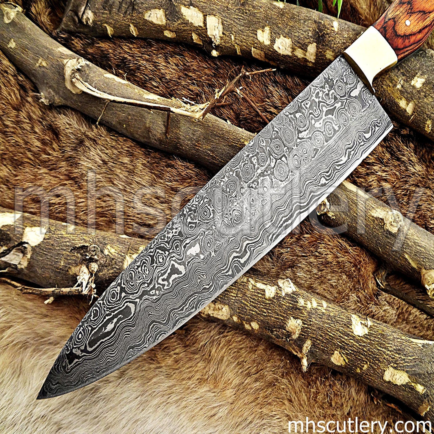 Custom Handmade Raindrop Damascus Steel Chef's Knife Knife | mhscutlery