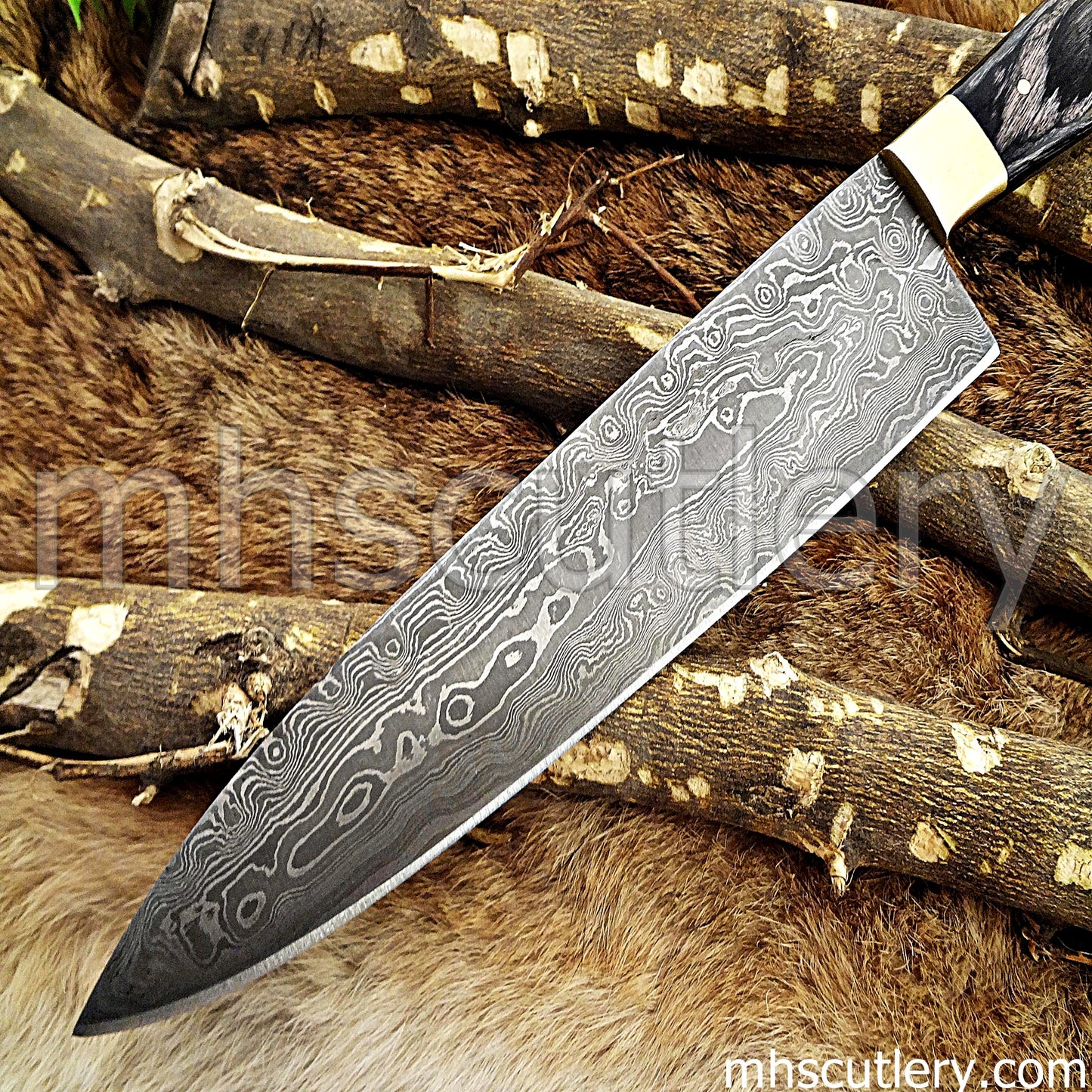 Custom Hand Forged Raindrop Damascus Steel Kitchen Chef Knife | mhscutlery