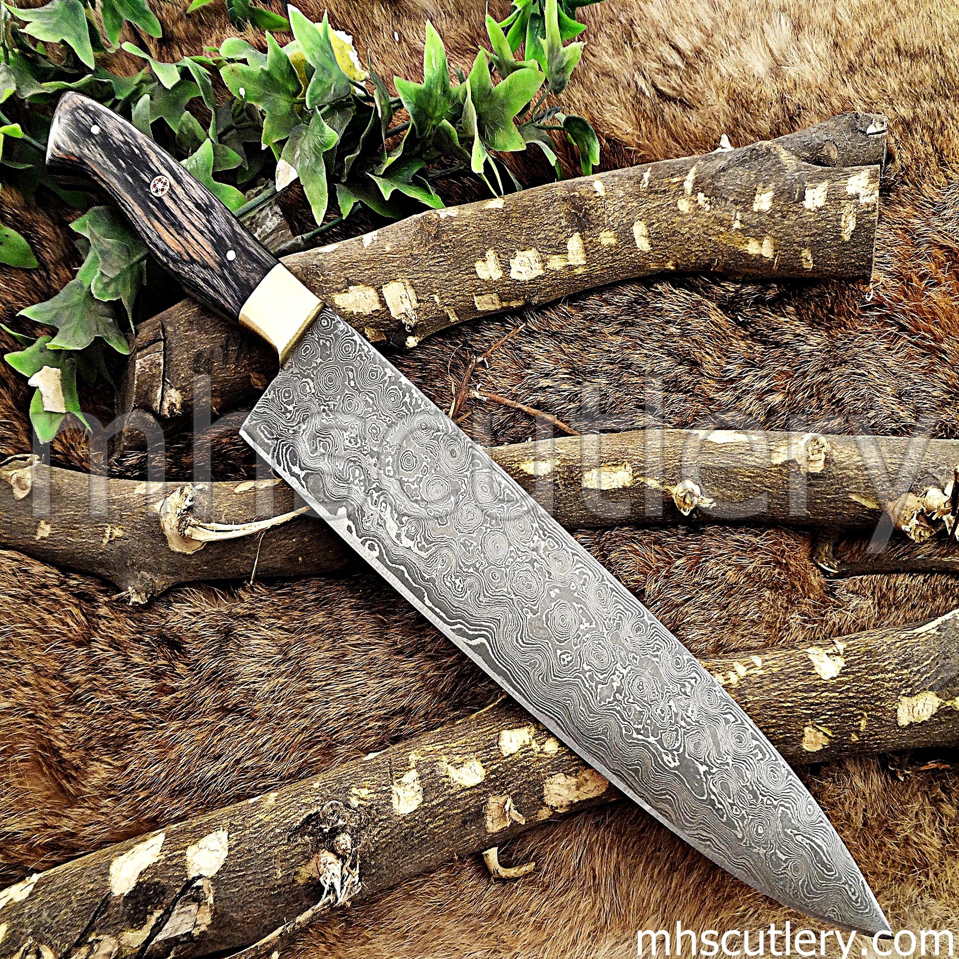 Custom Hand Forged Raindrop Damascus Steel Kitchen Chef Knife | mhscutlery