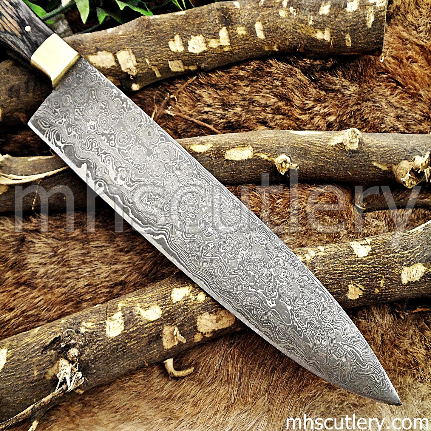 Custom Hand Forged Raindrop Damascus Steel Kitchen Chef Knife | mhscutlery