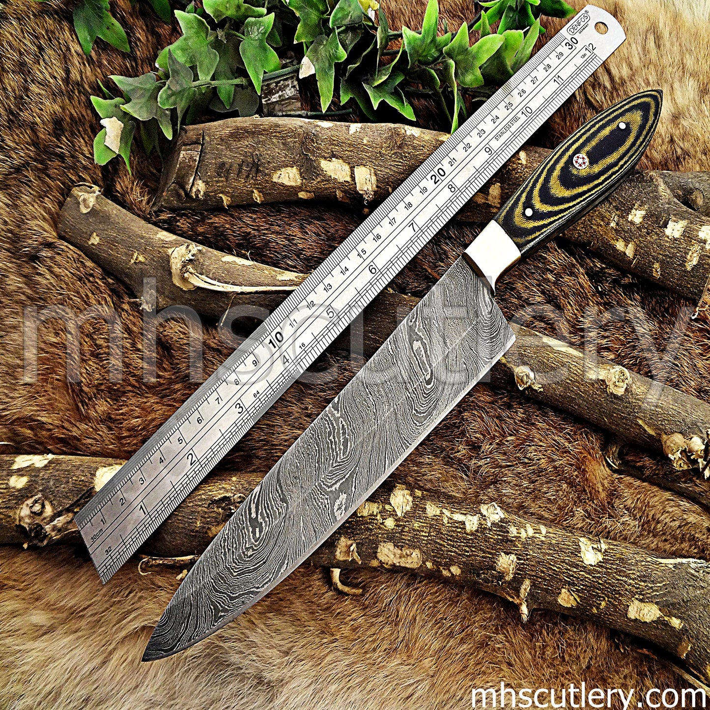 Hand Forged Damascus Steel Chef Knife / Micarta Handle | mhscutlery