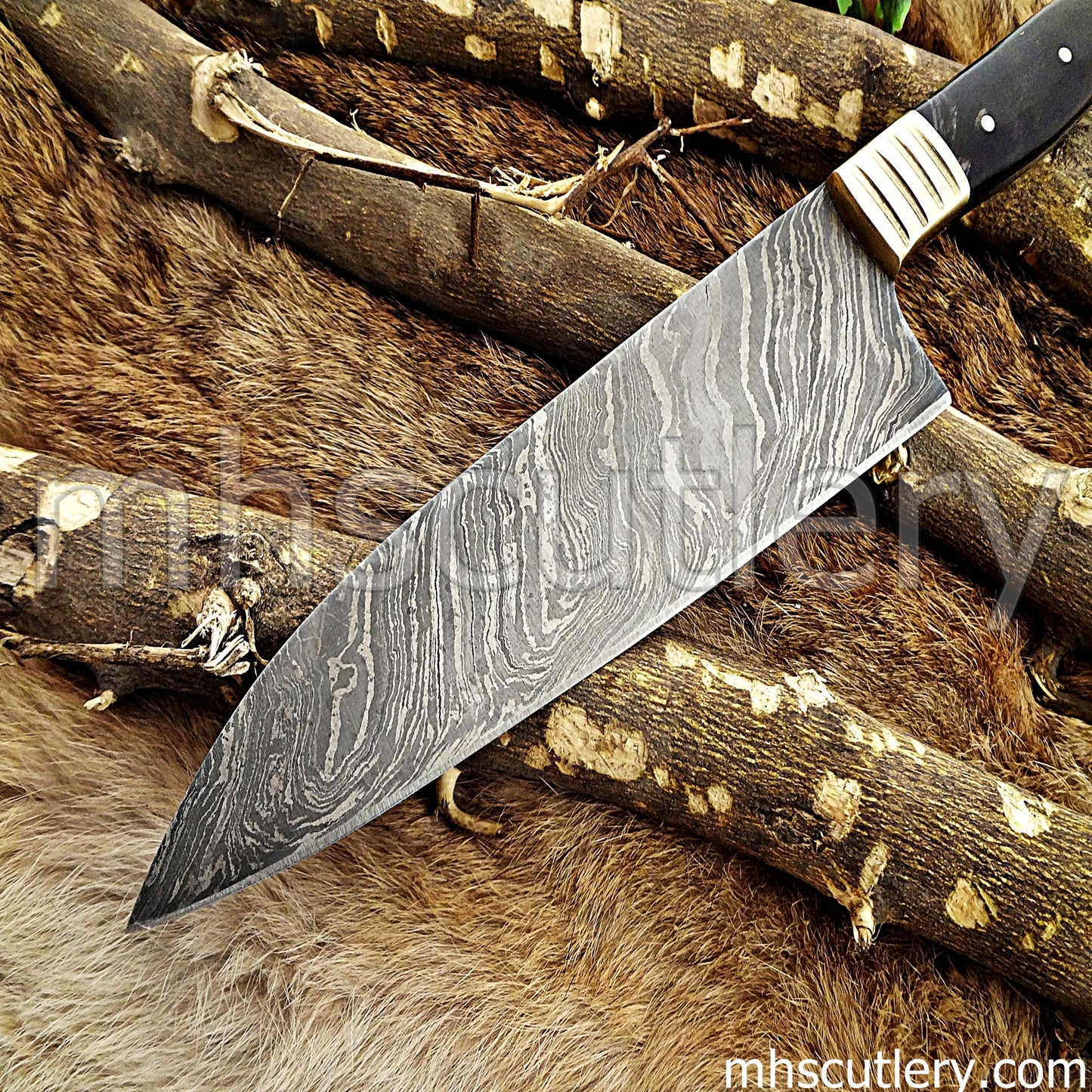 Damascus Steel Traditional Kitchen's Chef Knife / Bull Horn Handle | mhscutlery