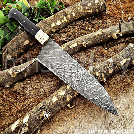 Damascus Steel Traditional Kitchen's Chef Knife / Bull Horn Handle | mhscutlery