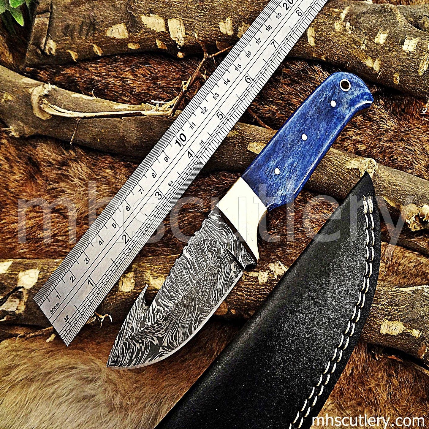 Custom Hand Forged Damascus Steel Gut Hook Hunter | mhscutlery