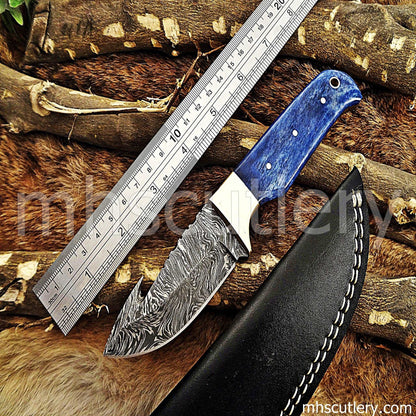 Custom Hand Forged Damascus Steel Gut Hook Hunter | mhscutlery