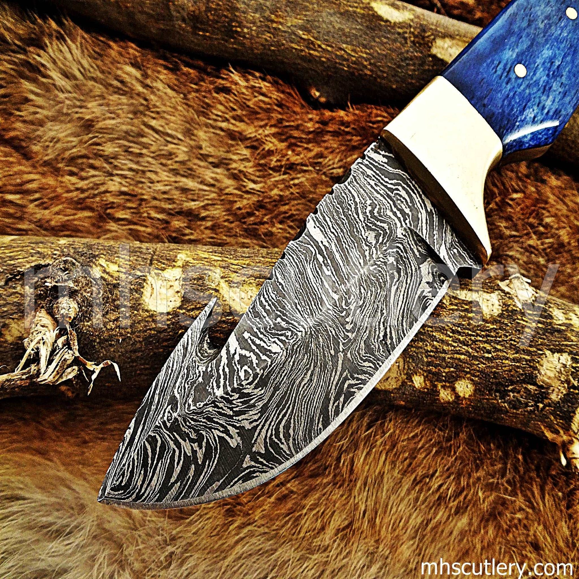 Custom Hand Forged Damascus Steel Gut Hook Hunter | mhscutlery