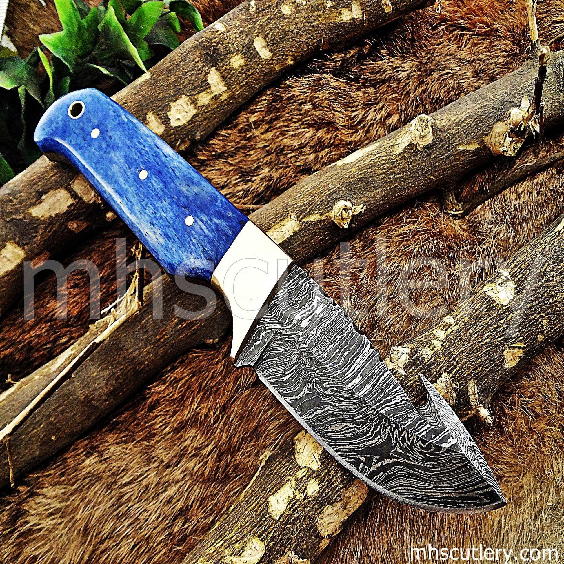 Custom Hand Forged Damascus Steel Gut Hook Hunter | mhscutlery