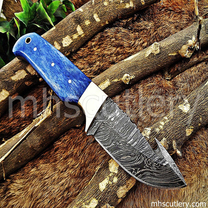 Custom Hand Forged Damascus Steel Gut Hook Hunter | mhscutlery