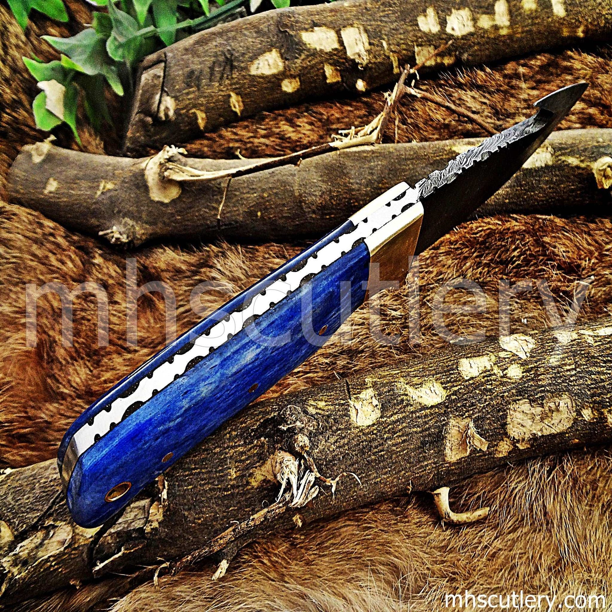 Custom Hand Forged Damascus Steel Gut Hook Hunter | mhscutlery