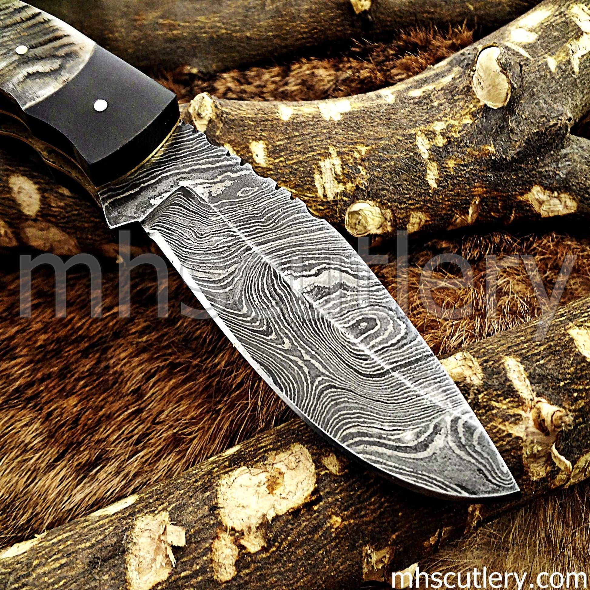Custom Forged Damascus Steel Tactical Pocket EDC Knife / Ram Horn Handle | mhscutlery