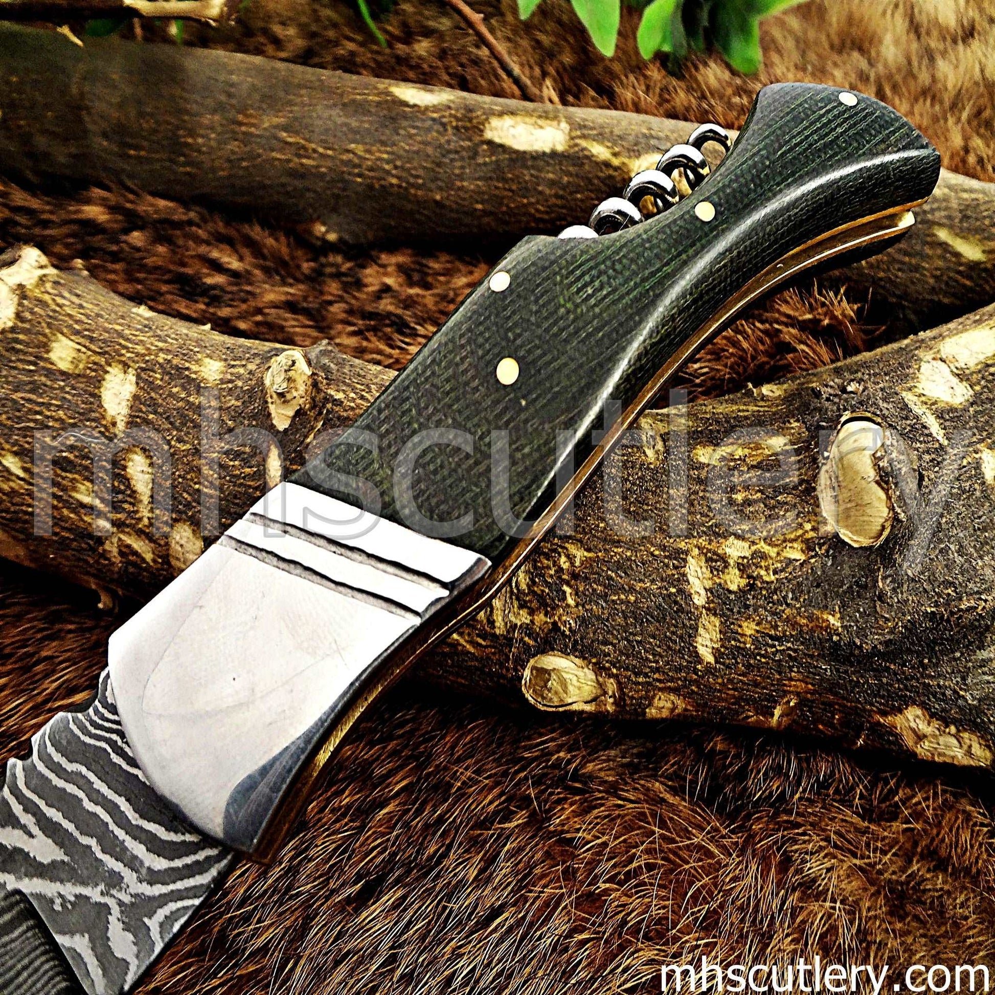 Custom Hand Forged Damascus Steel French Corkscrew Folding Pocket Knife | mhscutlery