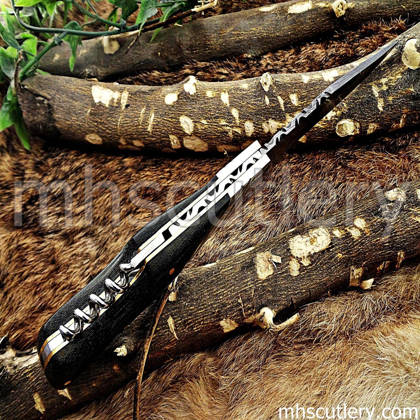Custom Hand Forged Damascus Steel French Corkscrew Folding Pocket Knife | mhscutlery