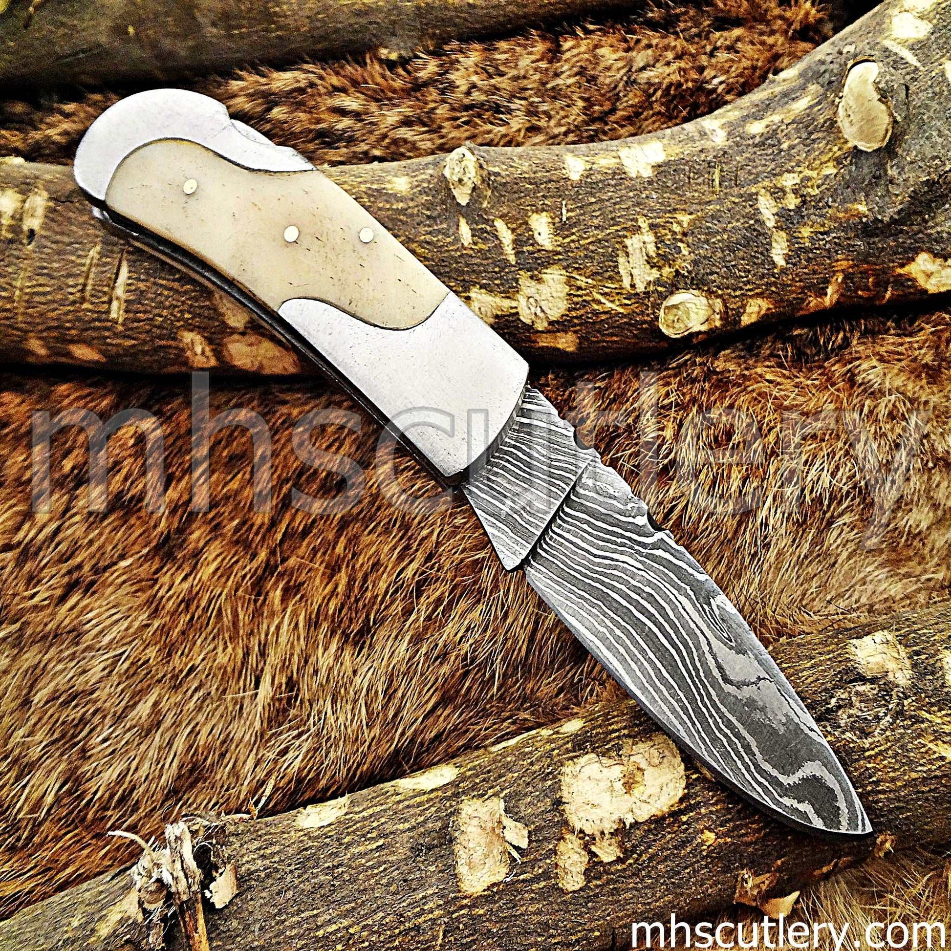 Custom Hand Forged Damascus Steel Mini Folding Pocket Knife | mhscutlery