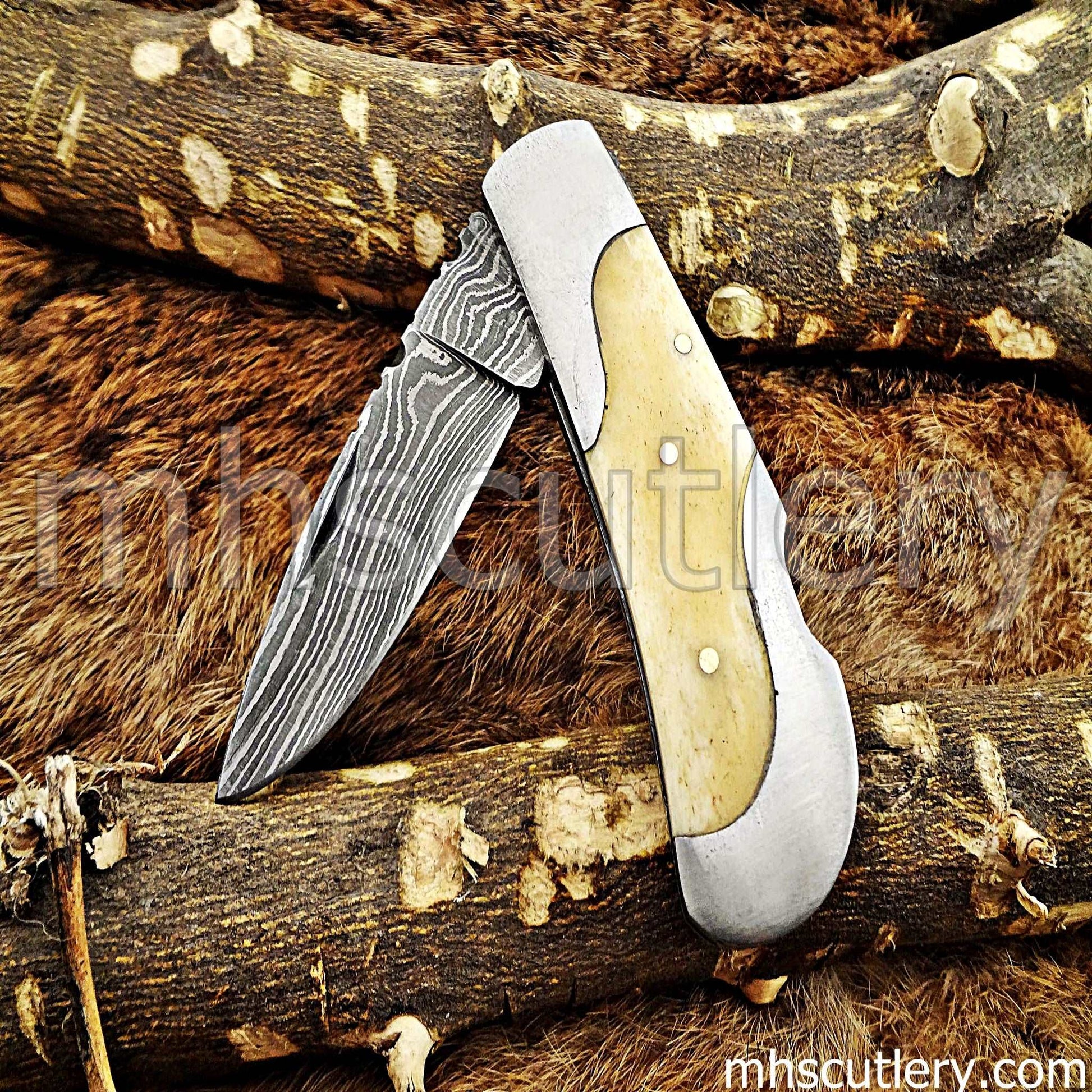Custom Hand Forged Damascus Steel Mini Folding Pocket Knife | mhscutlery
