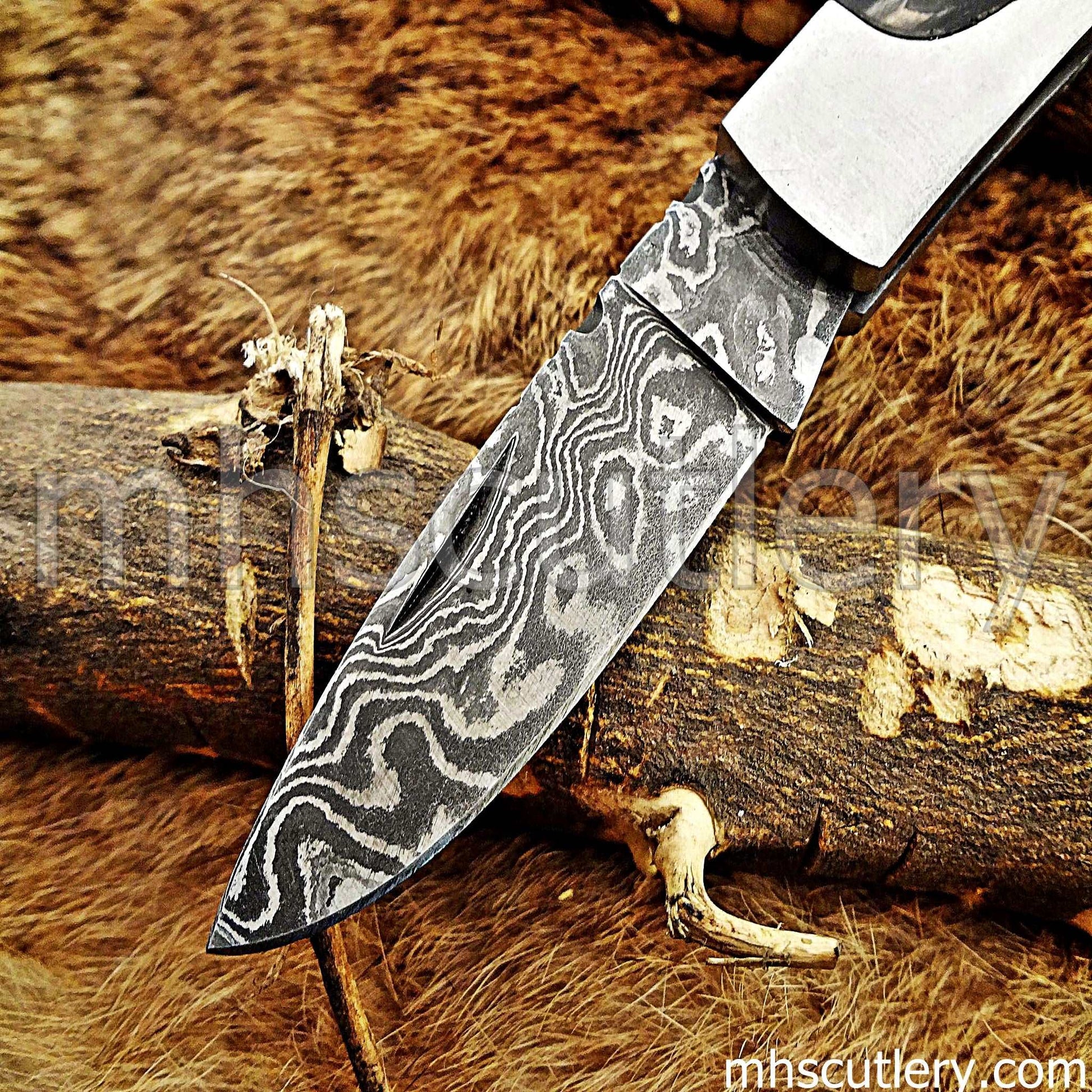 Custom Hand Forged Damascus Steel Pocket EDC Knife | mhscutlery
