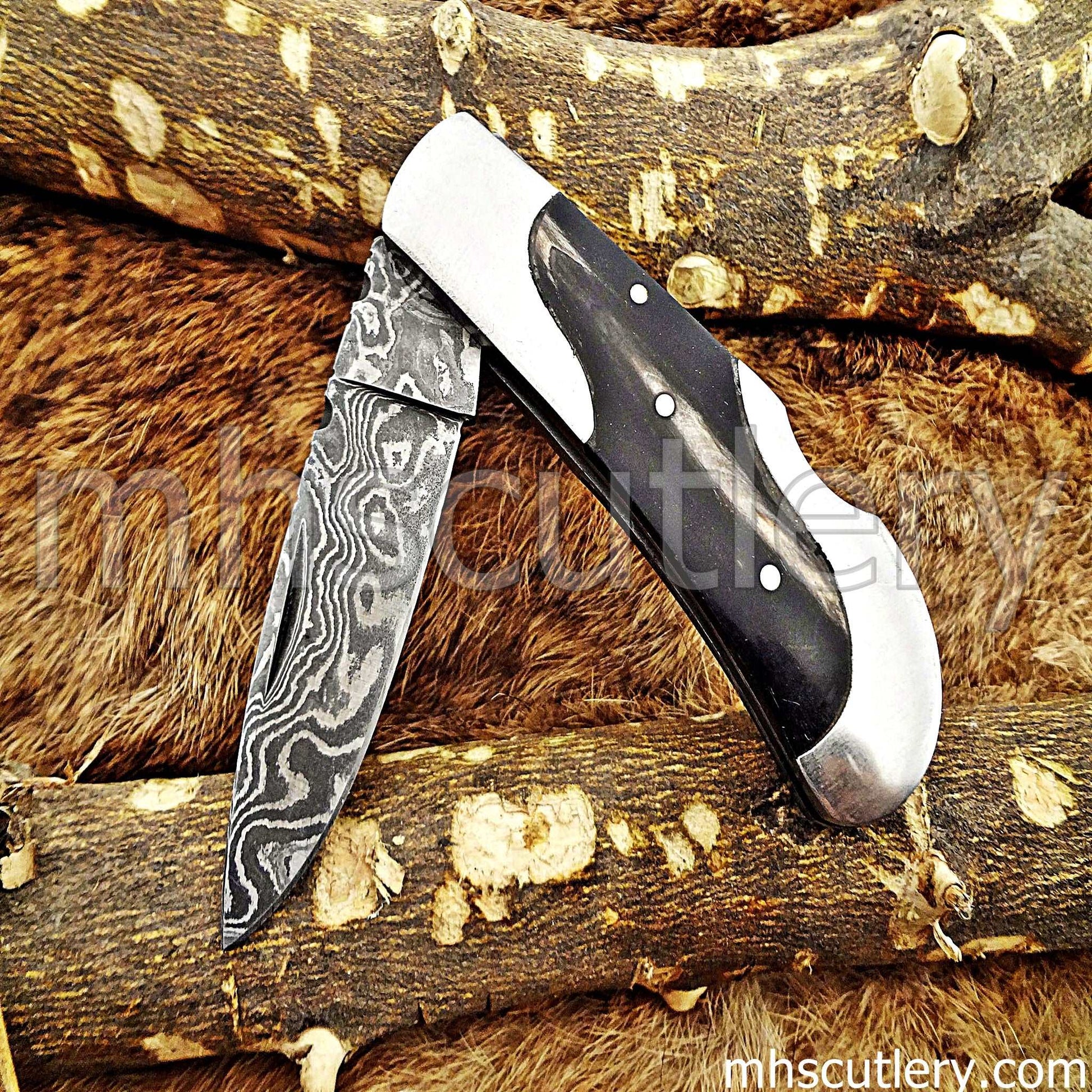 Custom Hand Forged Damascus Steel Pocket EDC Knife | mhscutlery