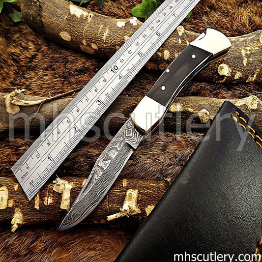 Damascus Steel Buck Folding Knife | mhscutlery