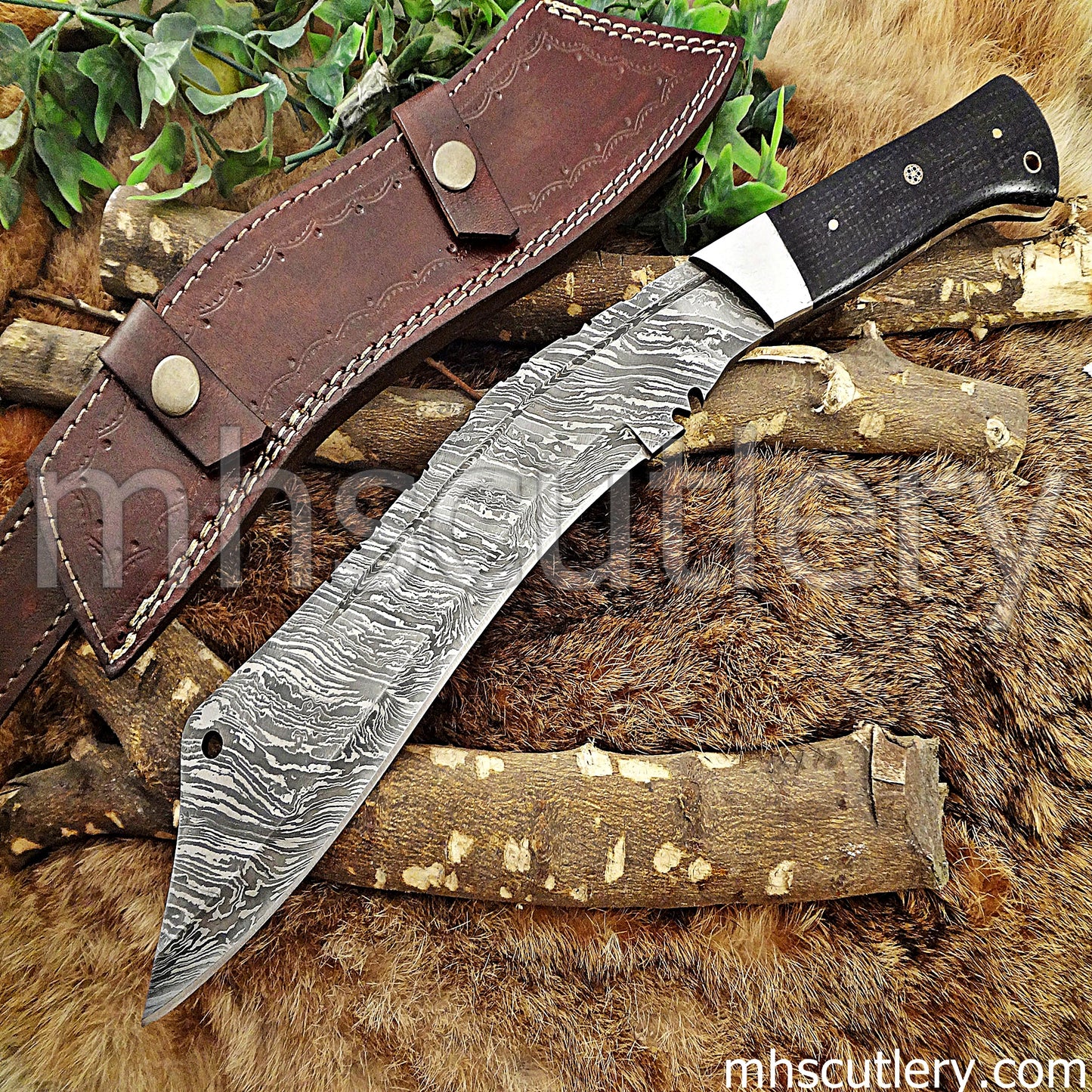 Damascus Steel Kukri Machete Knife / Bull Horn Handle | mhscutlery