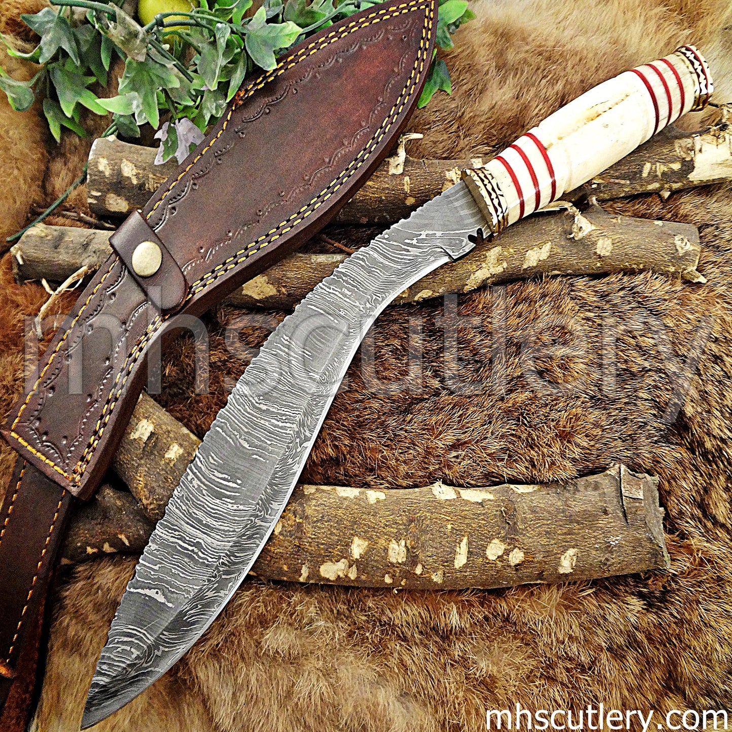 Hand Forged Damascus Steel Rat Tail Kukri / Bone Handle | mhscutlery
