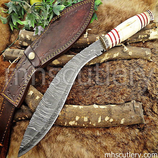 Hand Forged Damascus Steel Rat Tail Kukri / Bone Handle | mhscutlery