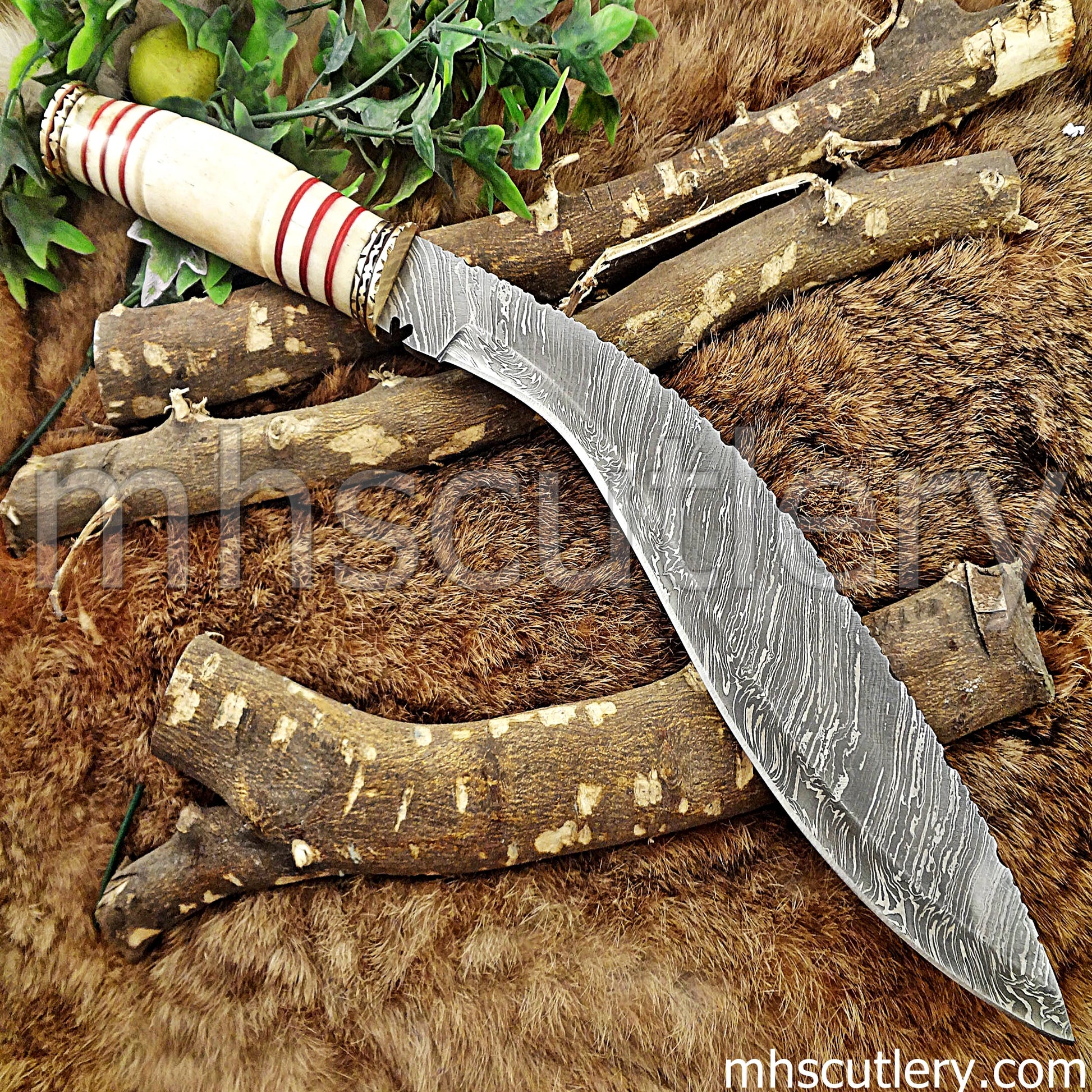 Hand Forged Damascus Steel Rat Tail Kukri / Bone Handle | mhscutlery