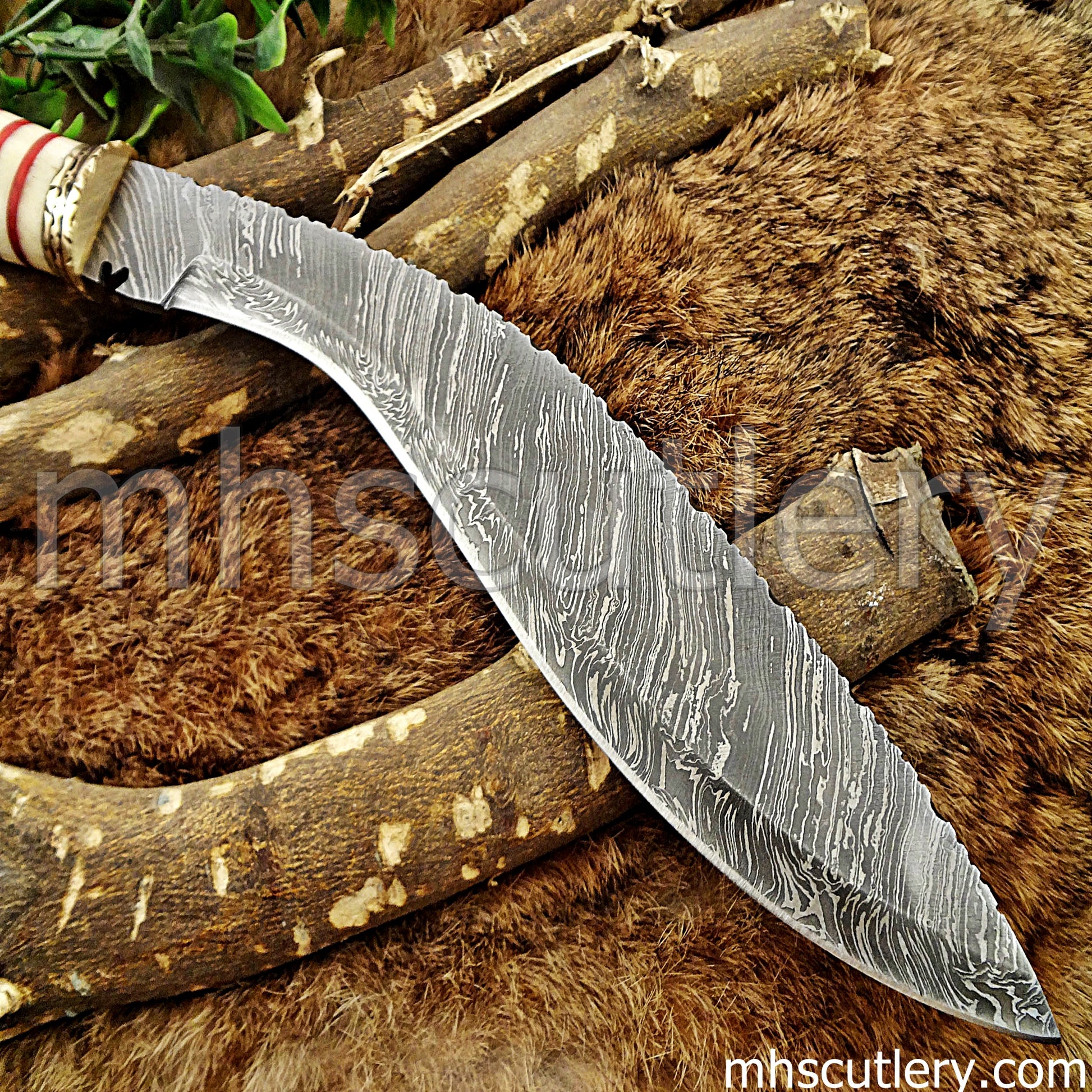 Hand Forged Damascus Steel Rat Tail Kukri / Bone Handle | mhscutlery