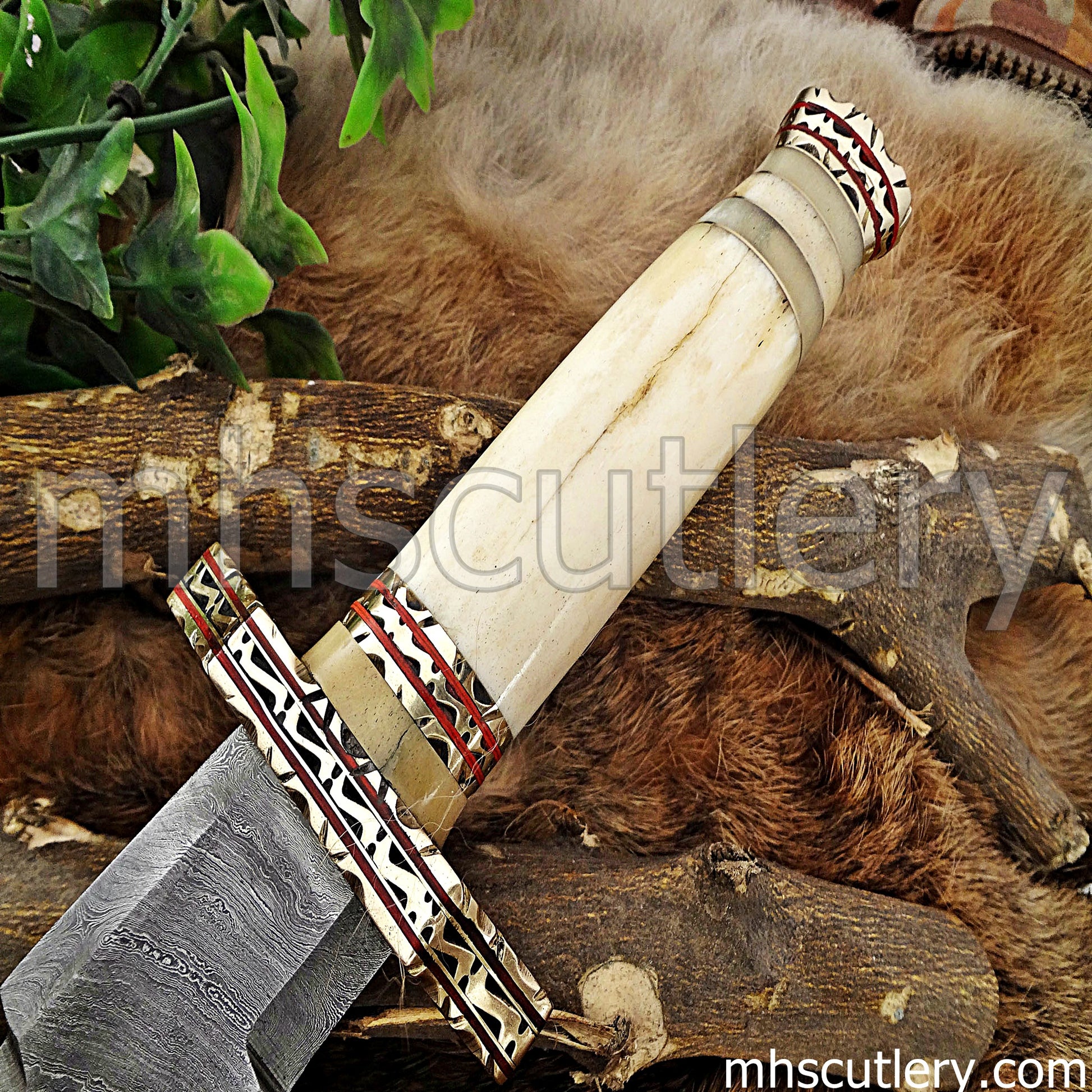 Damascus Steel Fancy Zigzag Hunter's Knife / Bone Handle | mhscutlery