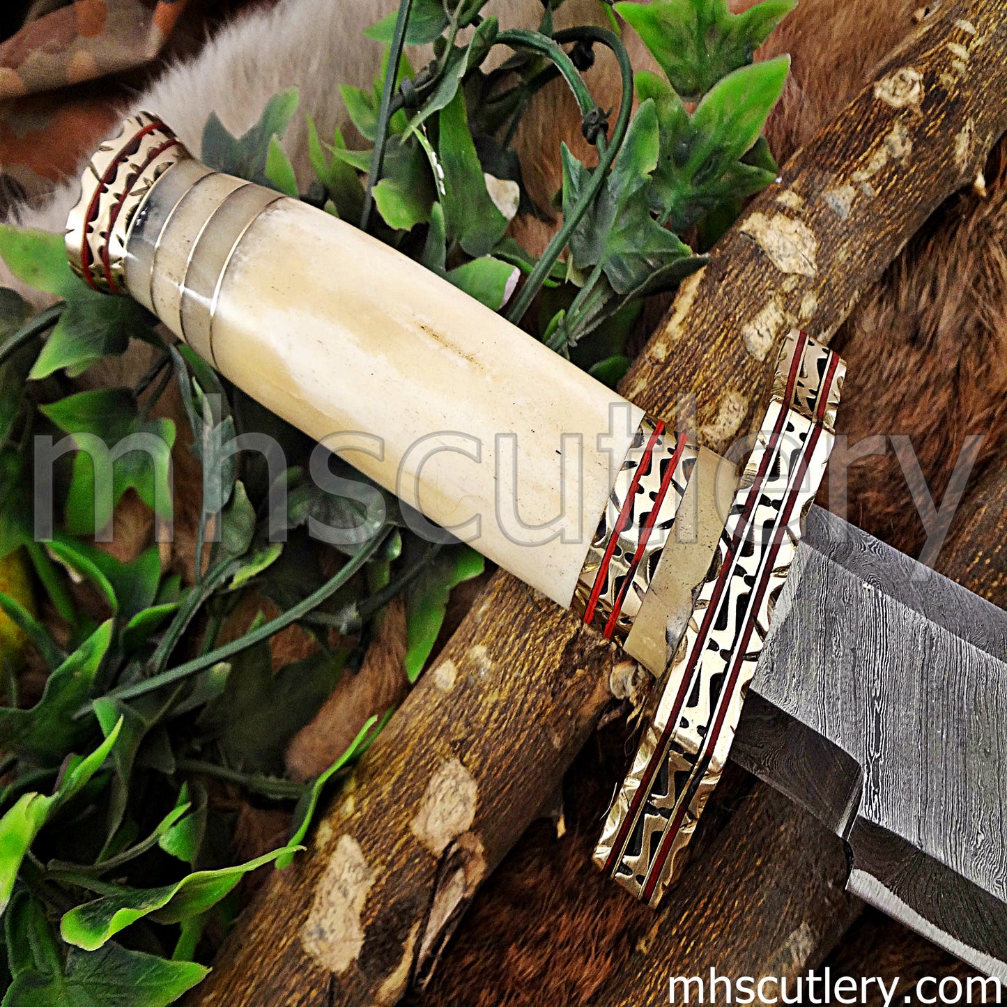 Damascus Steel Fancy Zigzag Hunter's Knife / Bone Handle | mhscutlery