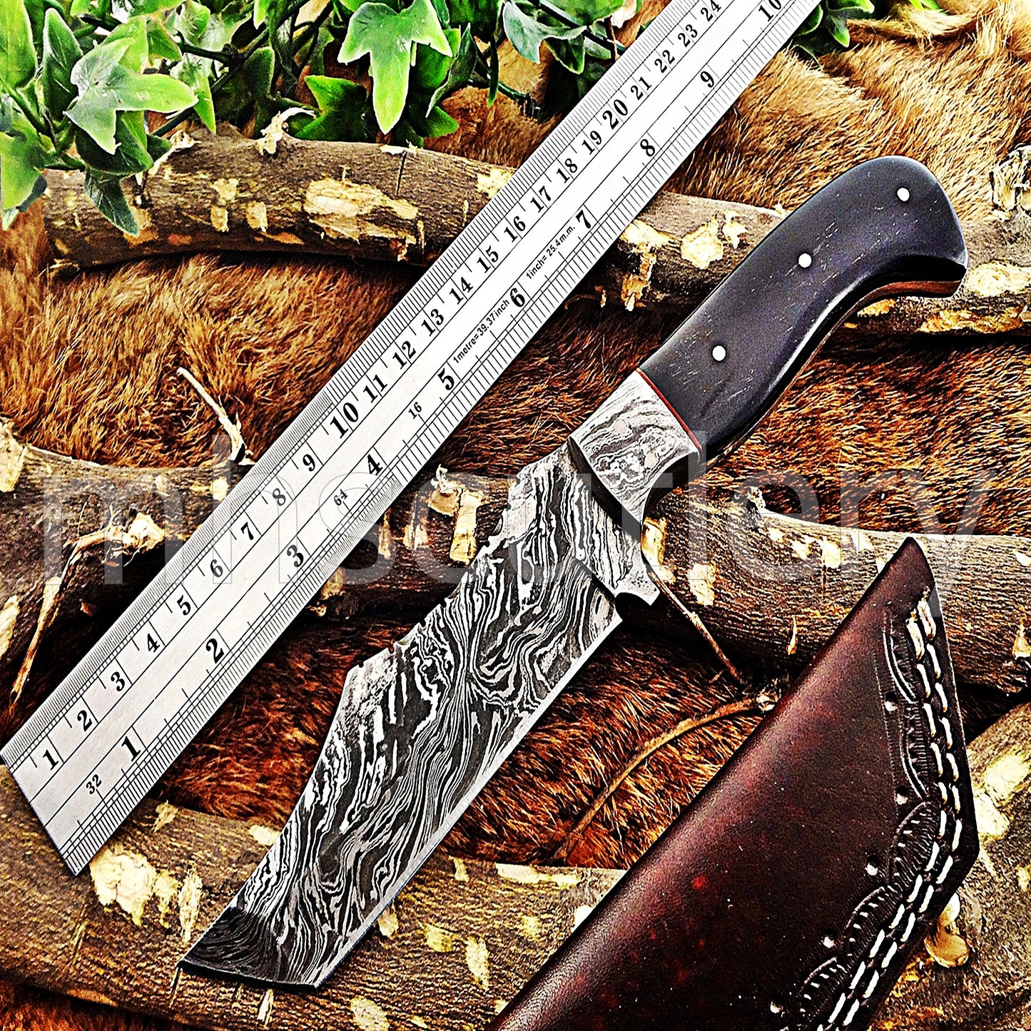 Hand Forged Damascus Steel Tanto Skinner Hunting Knife / Bull Horn | mhscutlery