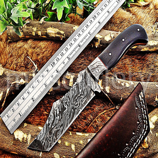 Hand Forged Damascus Steel Tanto Skinner Hunting Knife / Bull Horn | mhscutlery