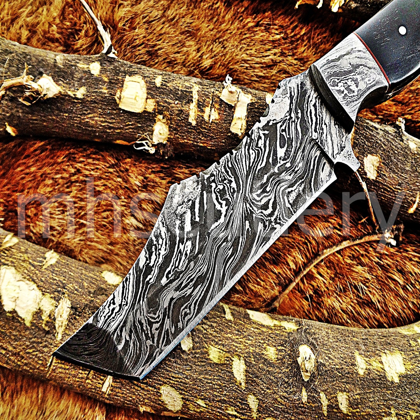 Hand Forged Damascus Steel Tanto Skinner Hunting Knife / Bull Horn | mhscutlery