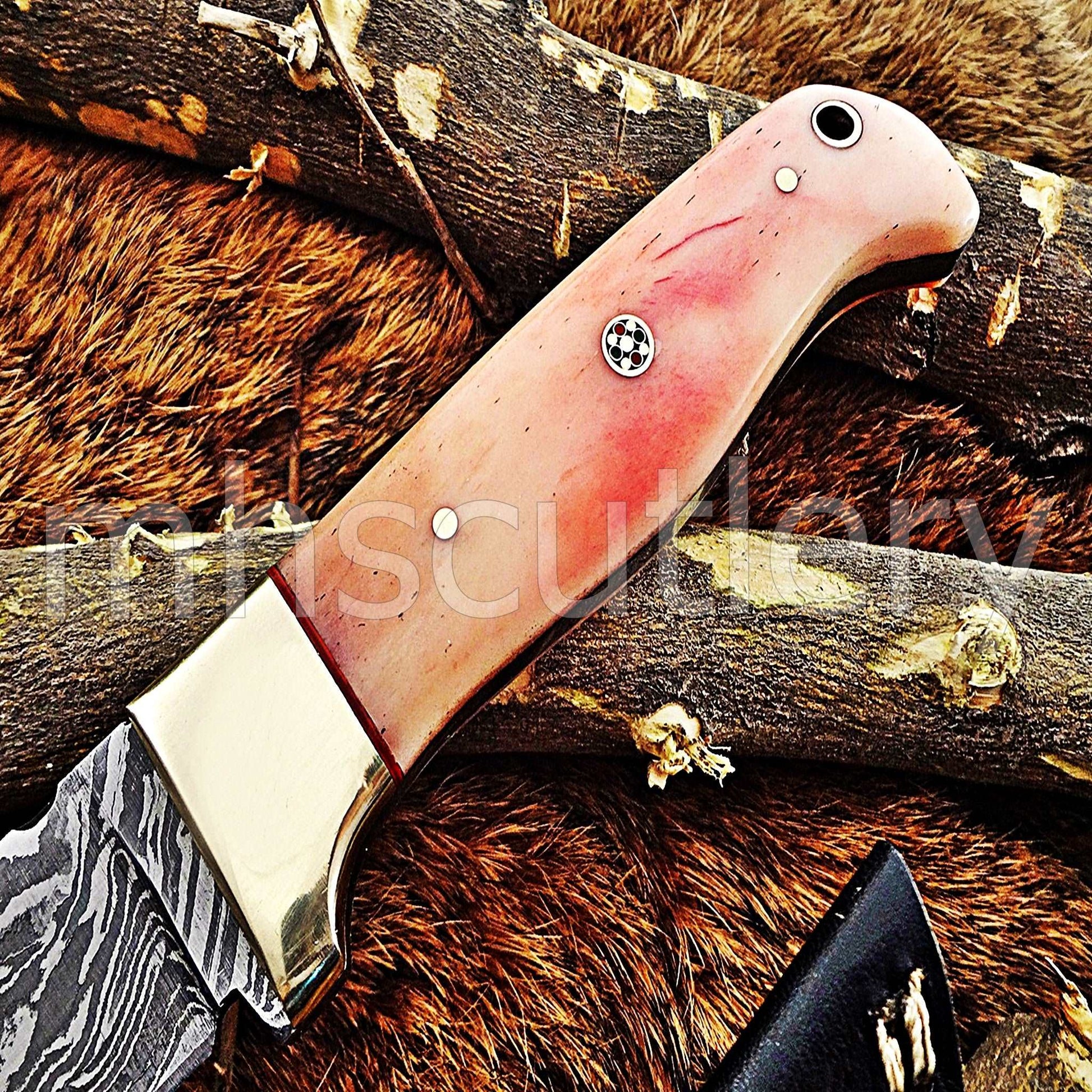 Custom Hand Forged Damascus Steel Hunter Skinner Knife / Pink Handle | mhscutlery