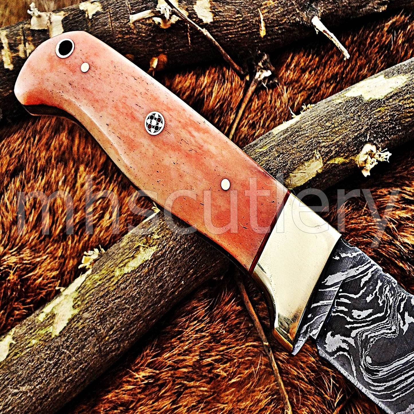 Custom Hand Forged Damascus Steel Hunter Skinner Knife / Pink Handle | mhscutlery