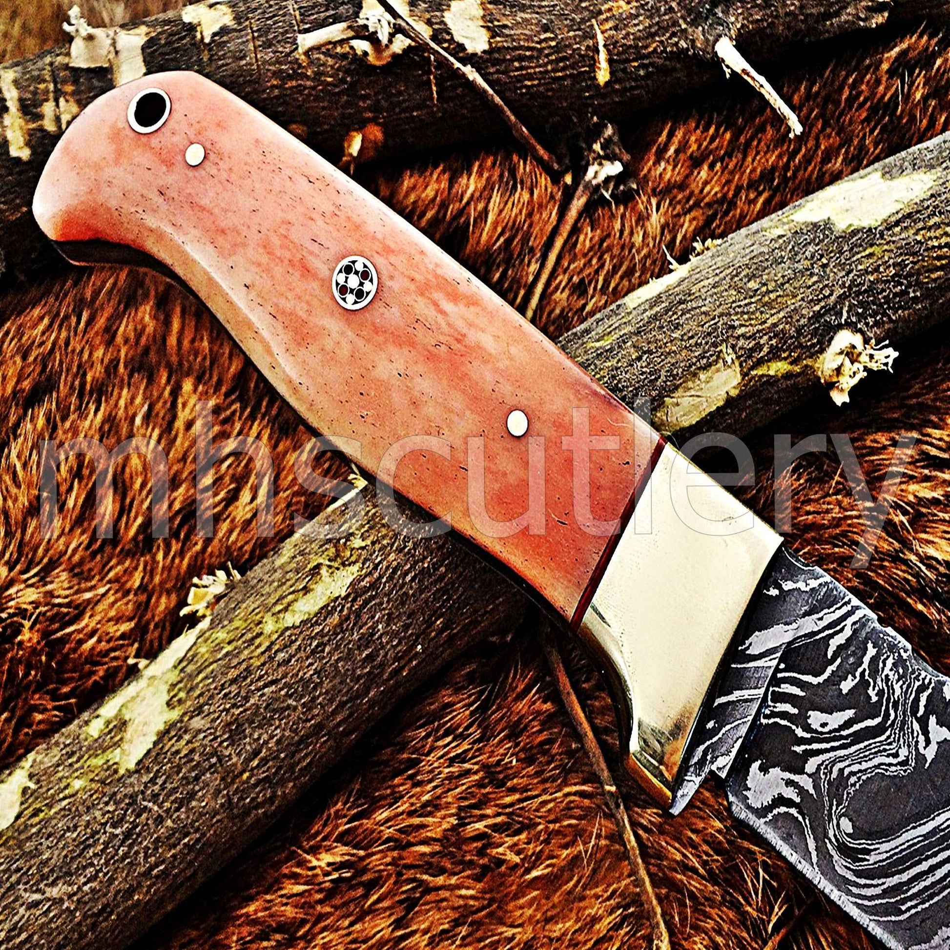 Custom Hand Forged Damascus Steel Hunter Skinner Knife / Pink Handle | mhscutlery