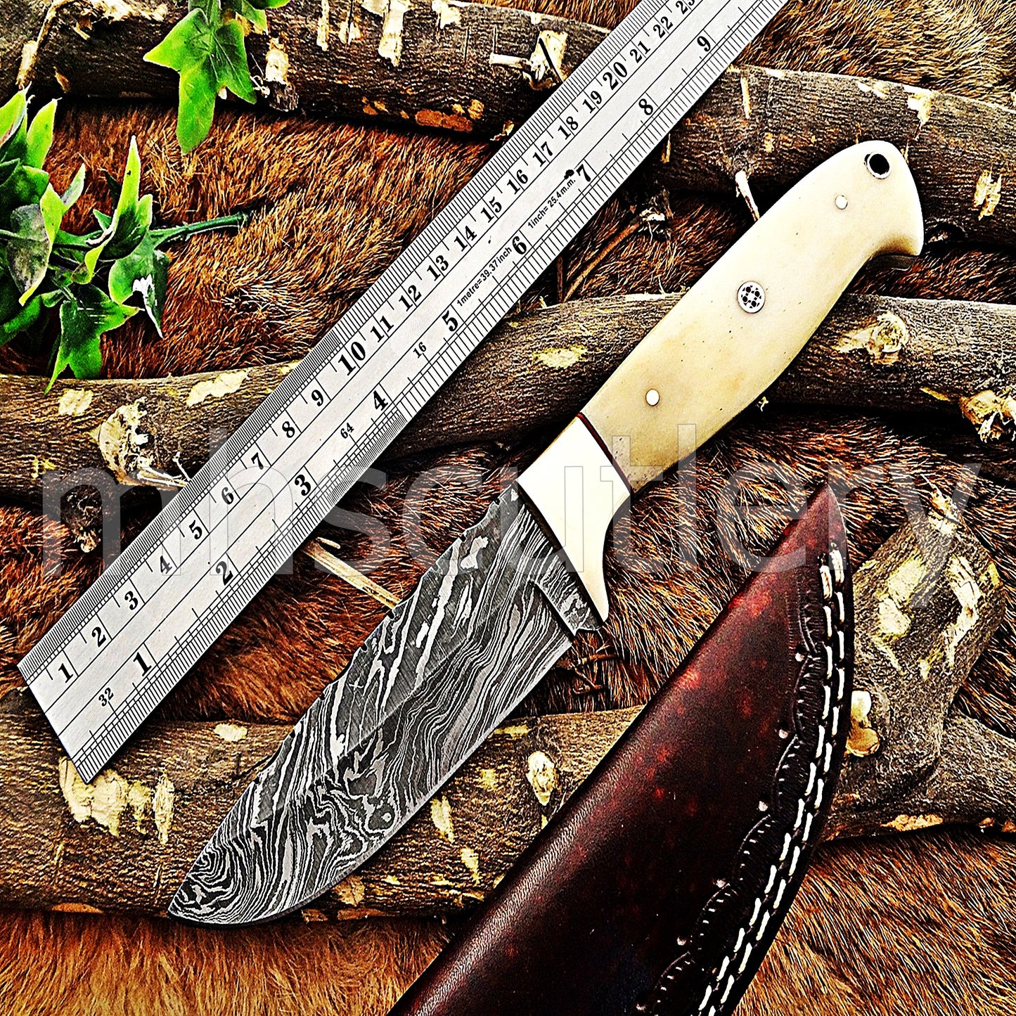Damascus Steel Slim Skinner Knife / Bone Handle | mhscutlery