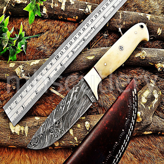 Damascus Steel Slim Skinner Knife / Bone Handle | mhscutlery