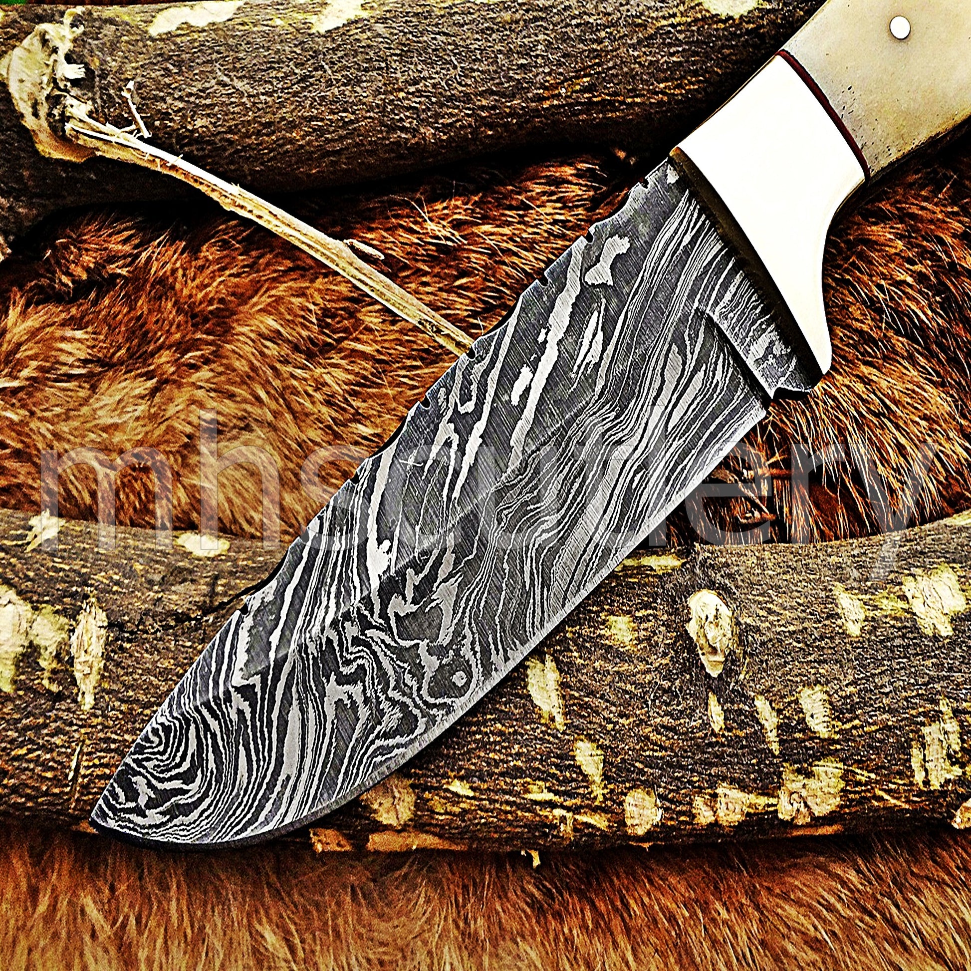 Damascus Steel Slim Skinner Knife / Bone Handle | mhscutlery