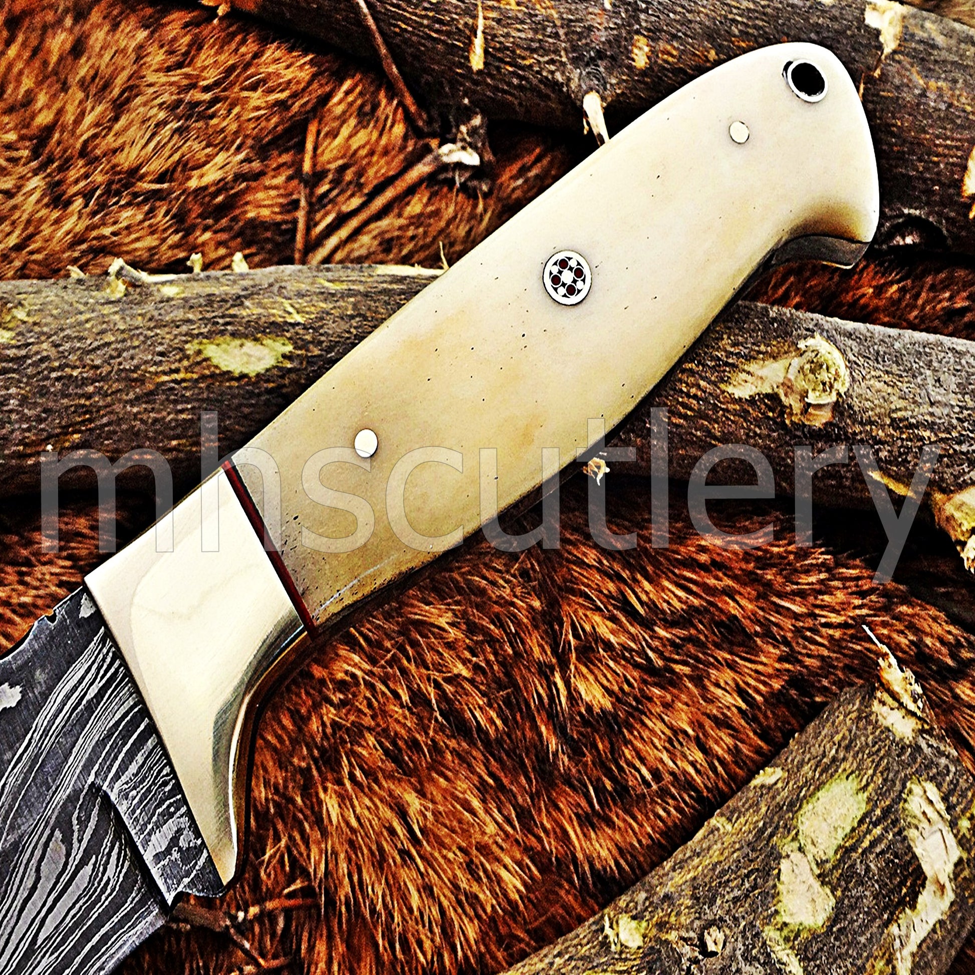 Damascus Steel Slim Skinner Knife / Bone Handle | mhscutlery