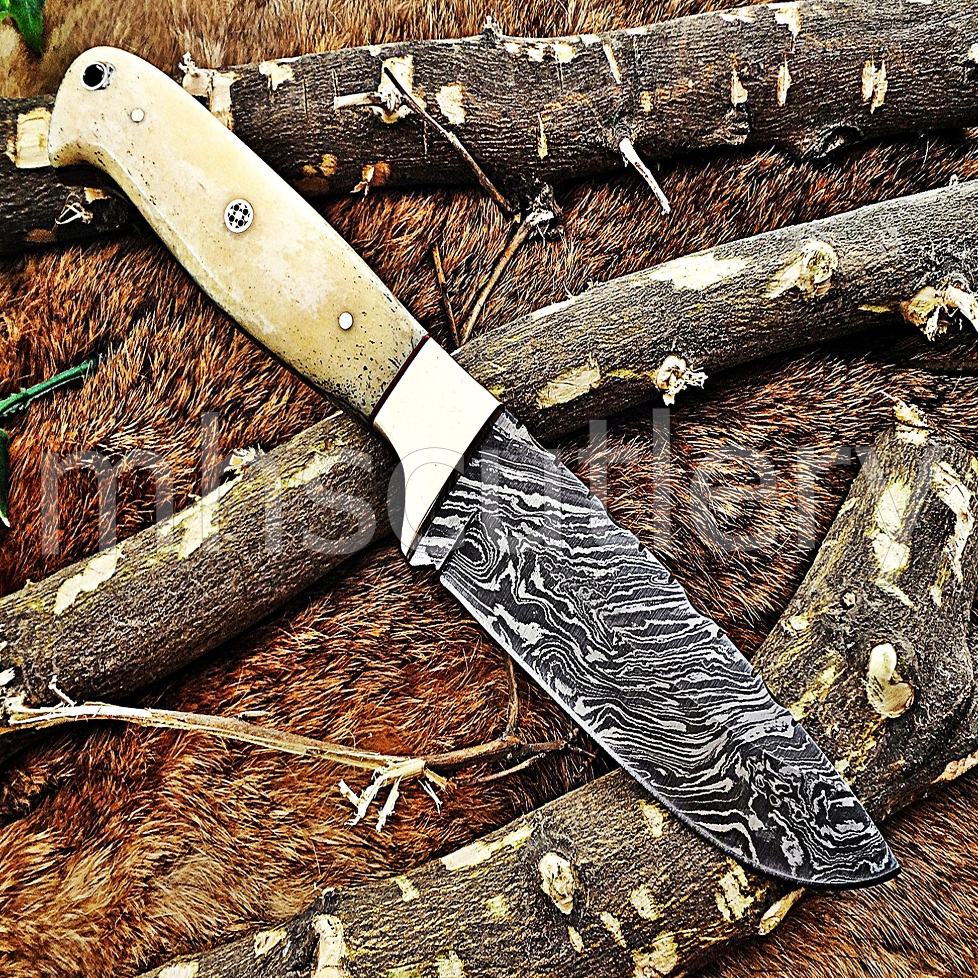 Damascus Steel Slim Skinner Knife / Bone Handle | mhscutlery