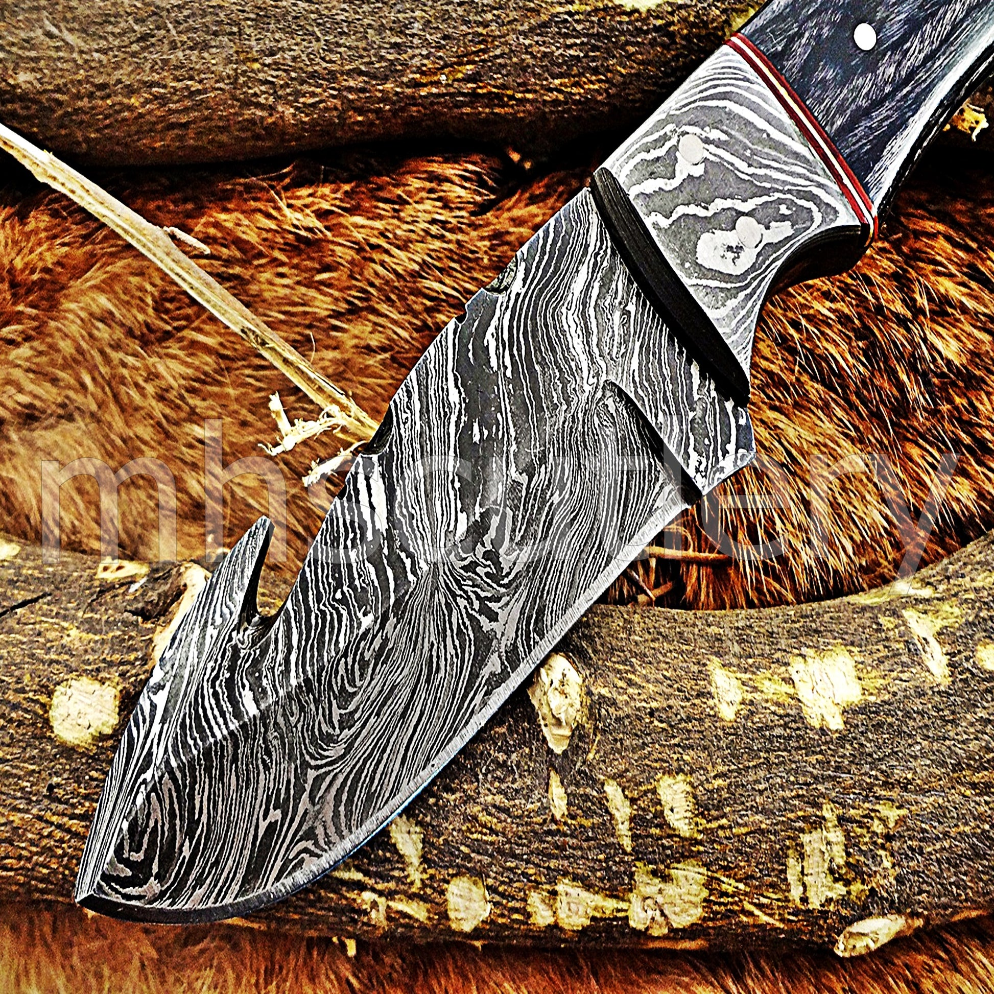 Damascus Steel Gut Hook Skinning Knife / Pakka Wood Handle | mhscutlery
