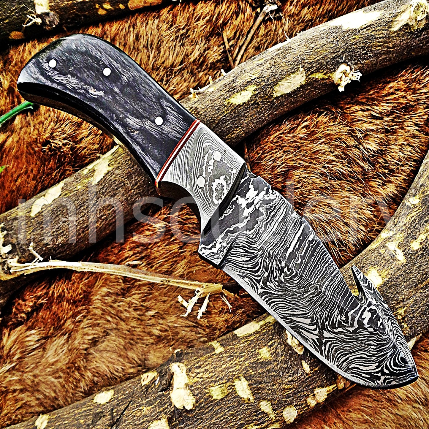 Damascus Steel Gut Hook Skinning Knife / Pakka Wood Handle | mhscutlery