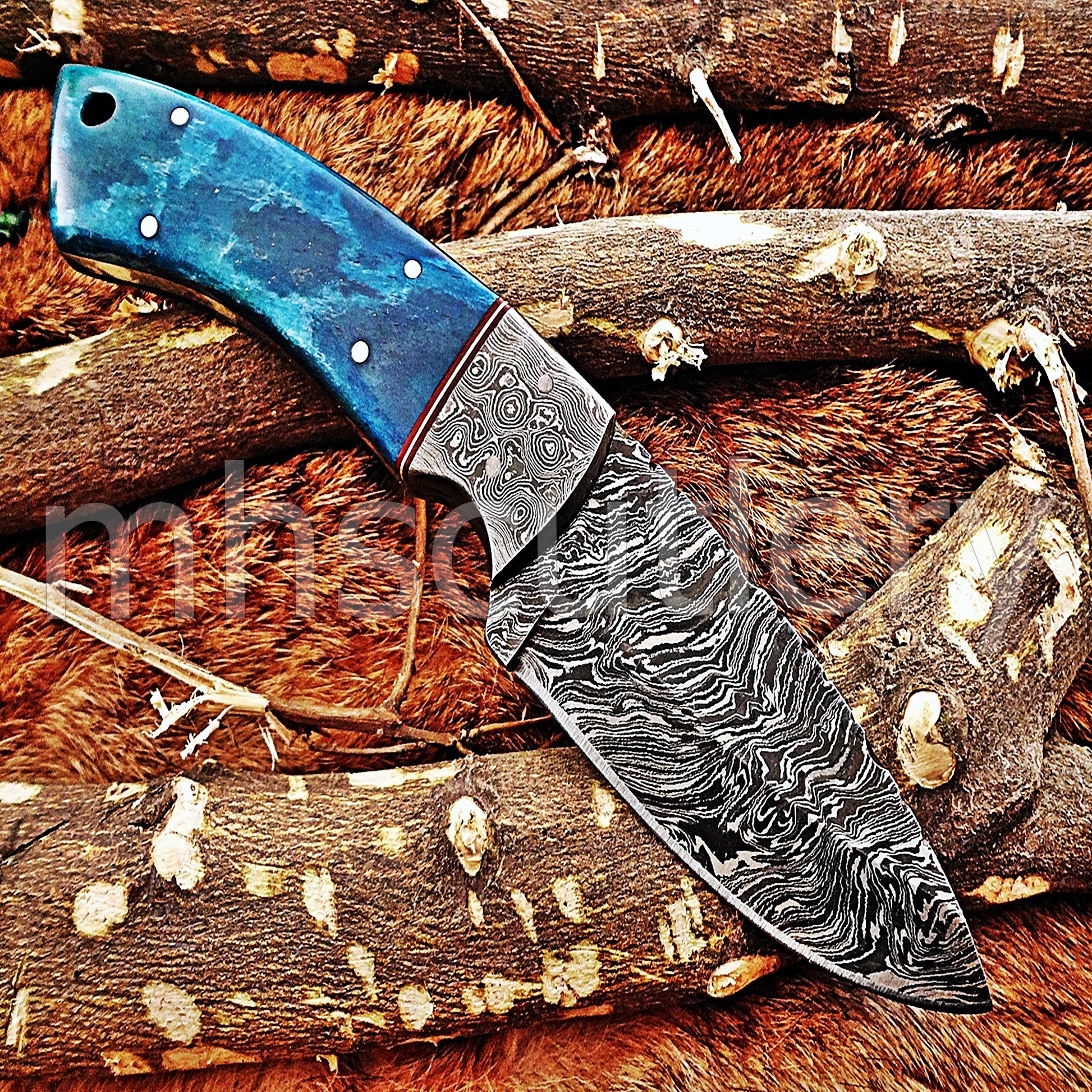 Damascus Steel Fixed Blade Hunting Skinner Knife / Bone Handle | mhscutlery