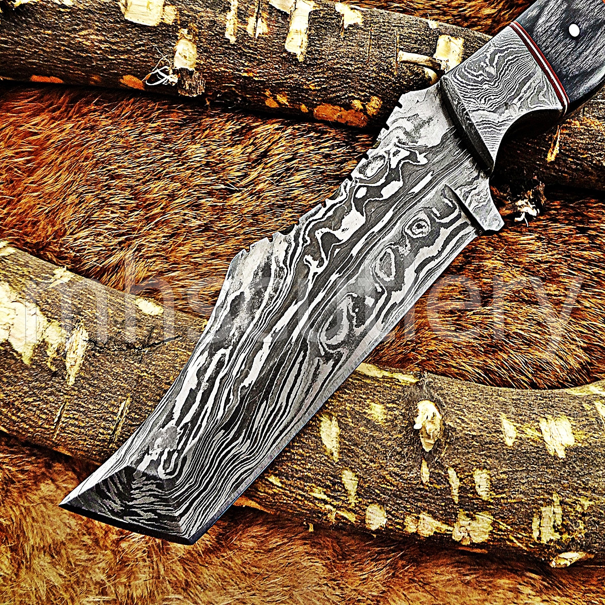 Damascus Steel Tanto Fixed Blade Hunter Skinner Knife / Bull Horn Handle | mhscutlery
