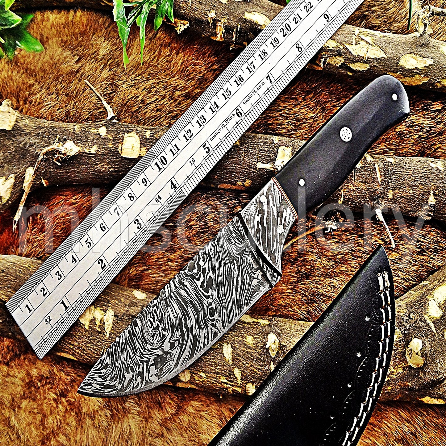Handmade Damascus Steel Fancy Hunting Skinner Knife / Bull Horn Handle | mhscutlery