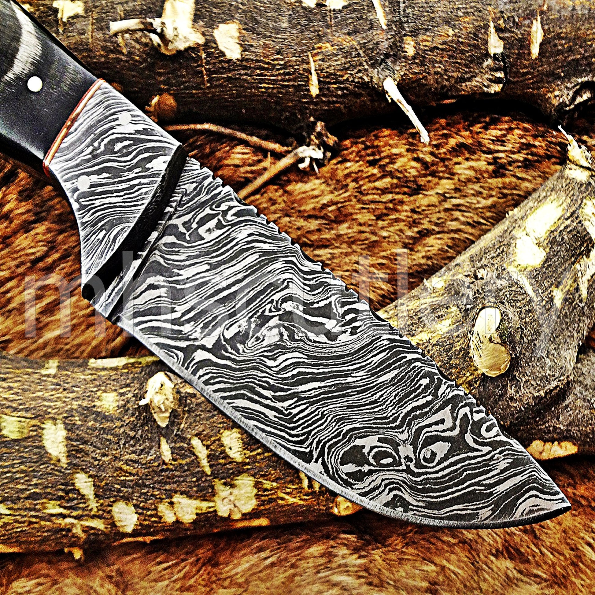 Handmade Damascus Steel Fancy Hunting Skinner Knife / Bull Horn Handle | mhscutlery